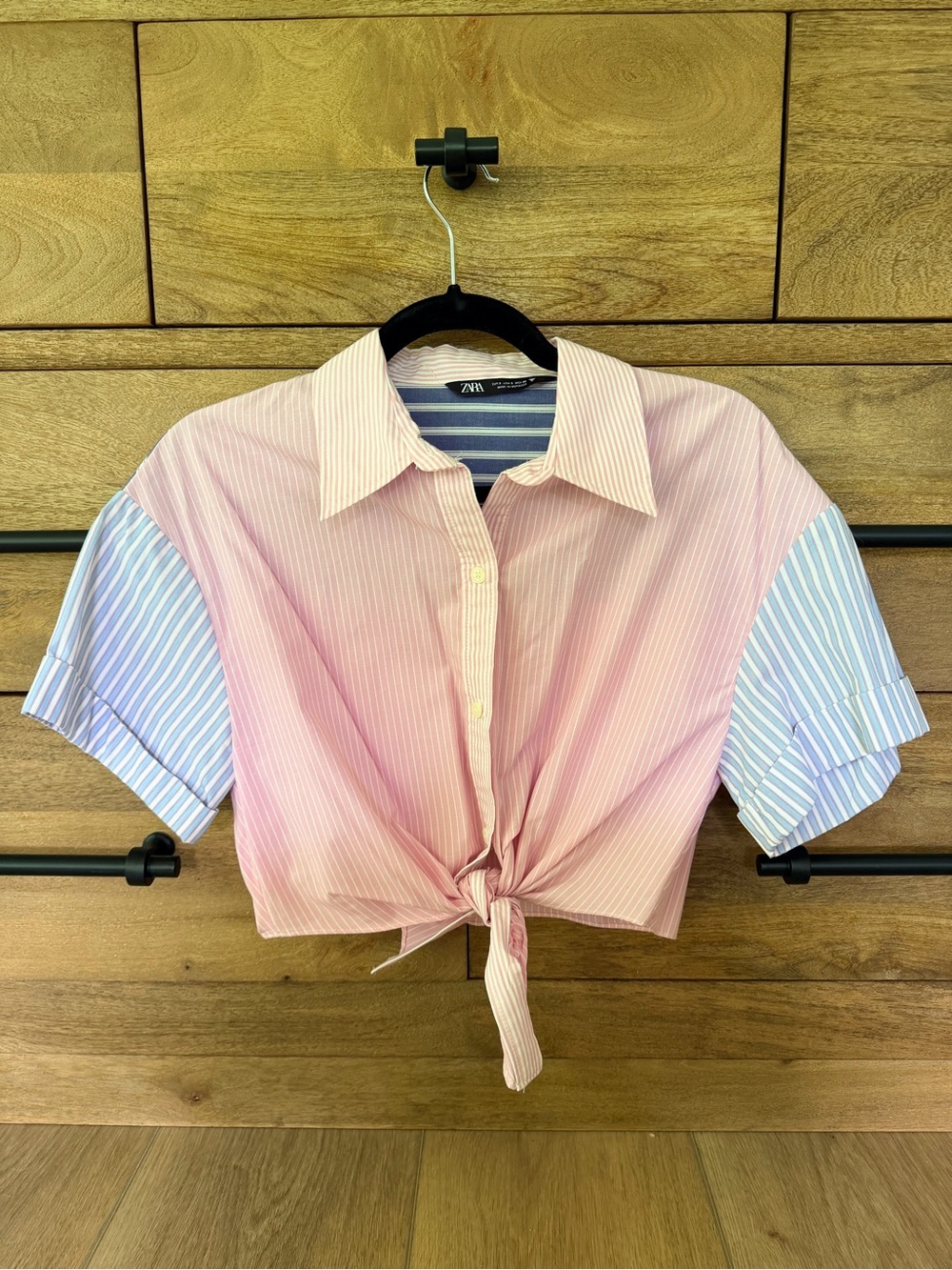 Zara Pink & Blue Striped Tie-Front Crop Shirt